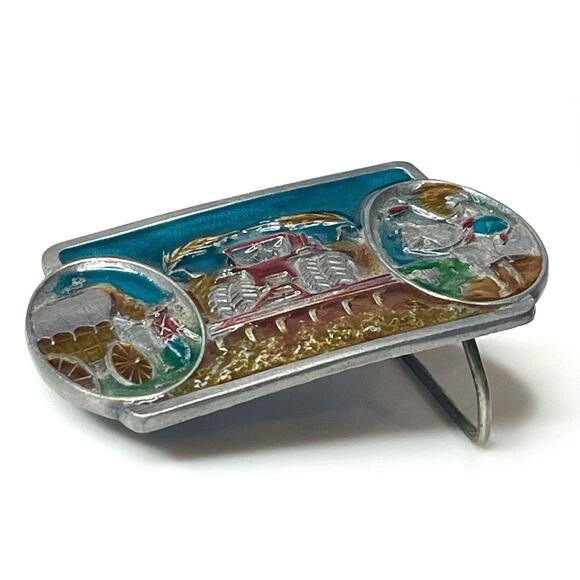 VTG 1986 CJ INC Cowboys & Indians BELT BUCKLE Farm Tractor Indian Chief Horse - Picture 6 of 7